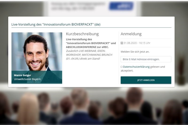 Projektpräsentation und virtueller Messestand auf der eREC. Screenshots: Umweltcluster Bayern.