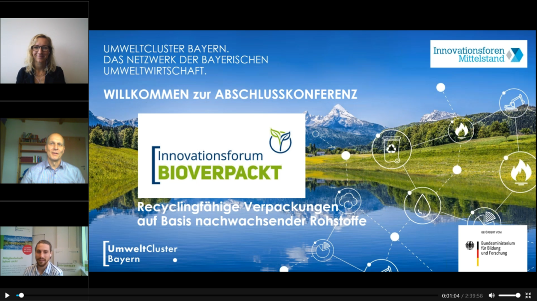 Webinar-Begrüßung durch Laura Jantz-Klinkner (UCB), Brunhard Kehl (AöL) und Marco Geiger (UCB). Screenshot: Umweltcluster Bayern.